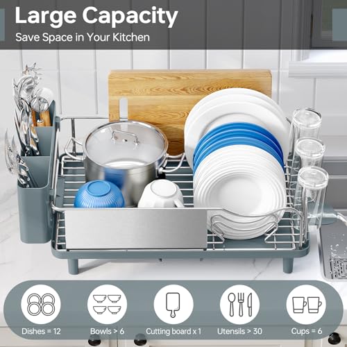 Image of Stainless Steel Dish Drying Rack - Large Capcity 304 Grade Dish Drainer for Kitchen Counter with Drain Board, Utensil Holder & Detachable Cup Shelf, Rustproof Multifunctional Organizer, Pale Blue
