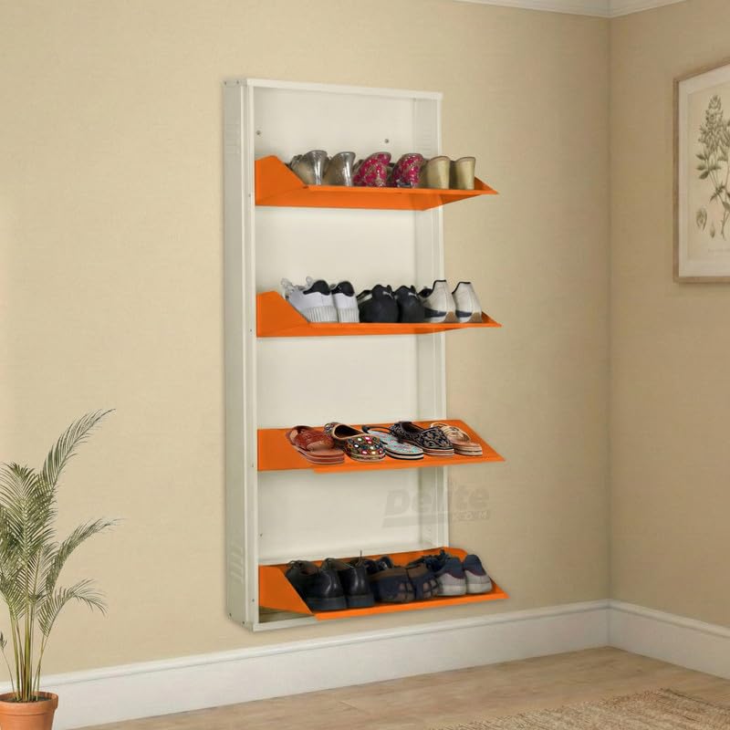 Image of DELITE KOM 24 Inch Wide, 4 Shelf Metal Shoe Rack Wall Mounted for Home with Central Lock Holds Upto 12 Shoes or 20 Slippers Pair | 1 Year Warranty | (54 x 24 x 5 Inch, Ivory Orange) DIY Space Saving