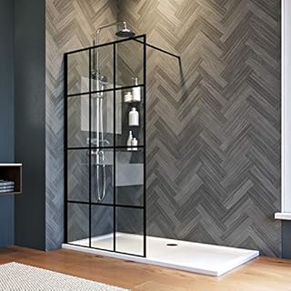 ELEGANT 900mm Black Walkin Shower Screen 8mm Safety Shower Glass Door for Bath WetRoom Reversible Shower Glass Panel Matte Black Grid Walkin Shower Enclosure Cubicle