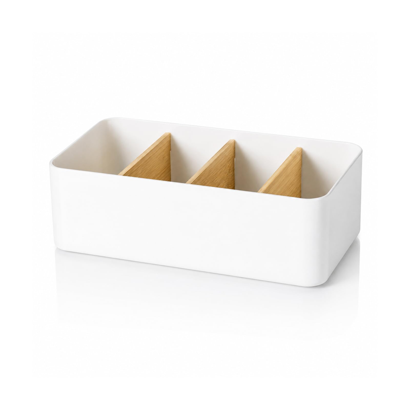 LMSAWK Desk Organiser, Desk Accessories, Multifunctional Bamboo Storage Organiser 4 Compartments, Wooden Desktop Organiser Tray, for Cosmetics, Remote, Control Pen (White)