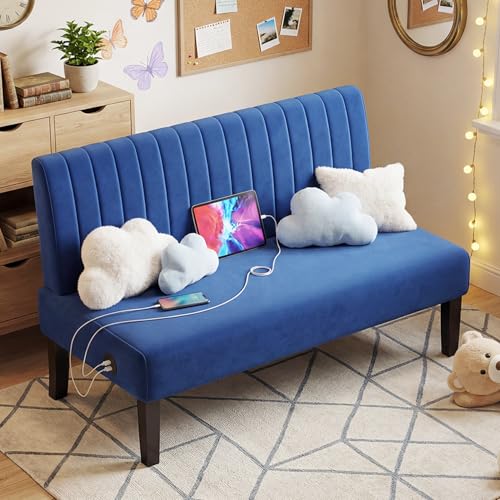 Image of STHOUYN Armless Accent Chair Loveseat, Small Sofa, Navy Blue Velvet, Modern | STHOUYN Oversized Slipper Chair for Living Room Bedroom Corner Side, Decorative Vanity Bench