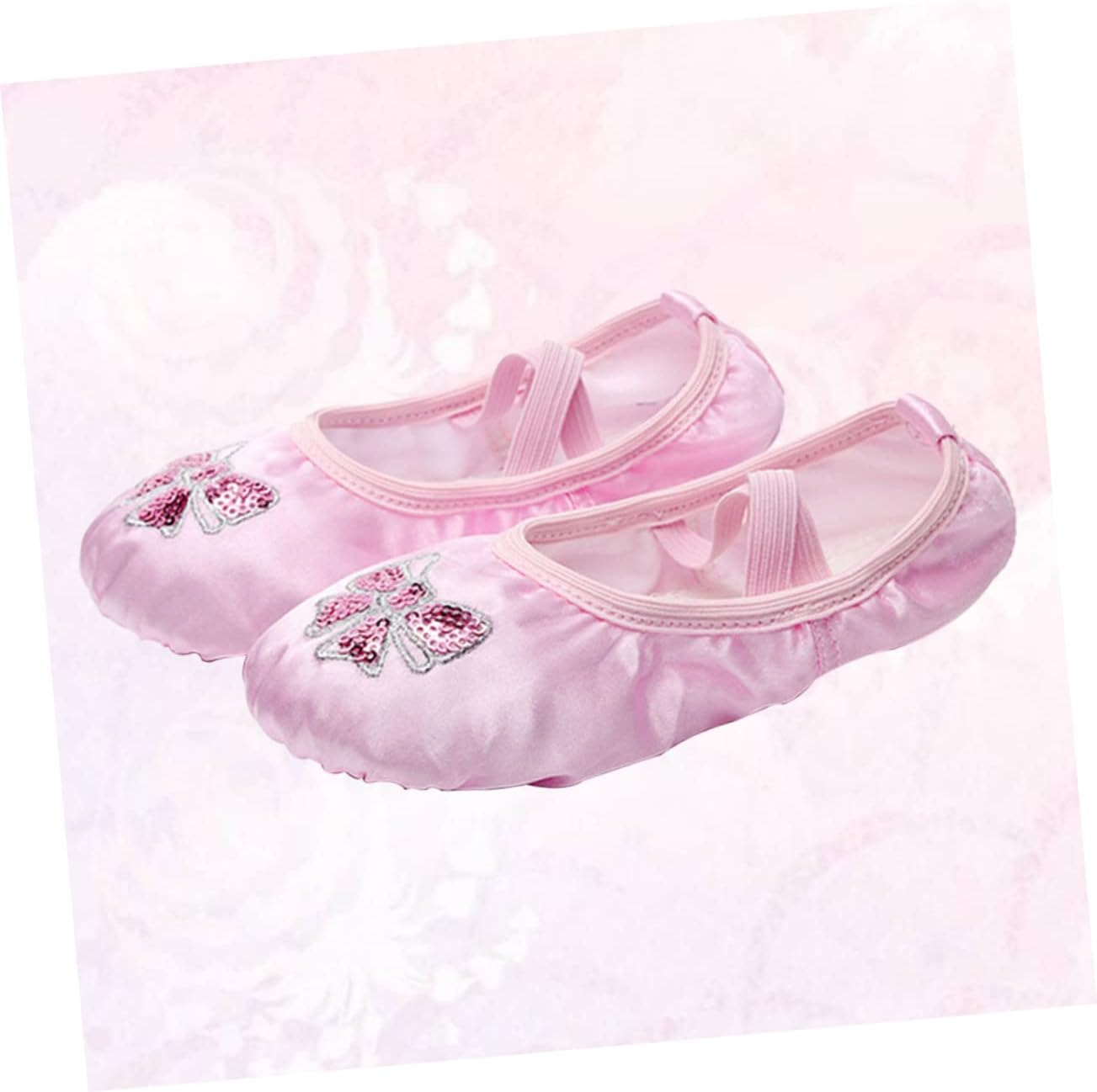 Kisangel Ballet Dance Shoes for Boys and Girls Girls Embroidered Sequins Satin Flats Non- Sole for Ballet Jazz Gymnastics and Yoga Pink