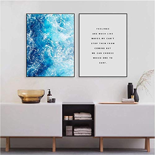 Toile Bleu Vagues pour salon moderne - Grand poster mural océan déco maison chic 50x70cm
