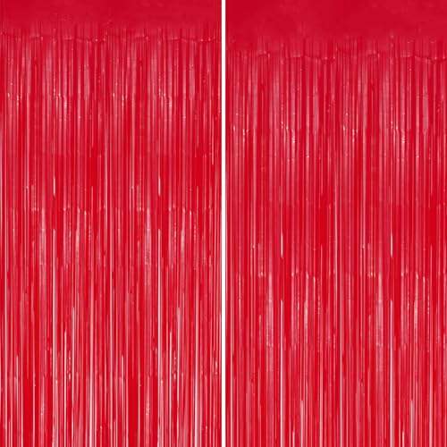 Image of DECOCKRAT 2 Pack Foil Fringe Backdrop - Pastel Red Shiny Tinsel Curtains for Party Decoration /Photo Booth Props - 3.3x6.6 FT Metallic Foil Backdrop for Birthday, Wedding, Graduation, Christmas.