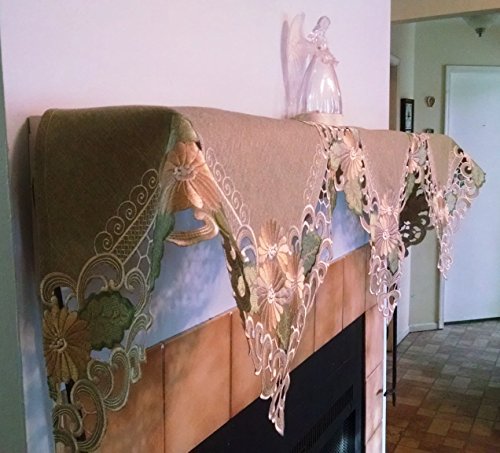 Doily Boutique Fireplace Mantel Scarf With A Gold Daisy Flower And Sage Green Burlap Linen Fabric Handmade Size 84 X 27 Inches #TOP2