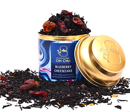 Image of OH CHA - Blueberry Cheesecake Flavoured Tea, 35gms | Darjeeling Black Tea Leaves blended with Strawberry & Blueberry pieces, Cocoa nibs & Rose petals | Blended Darjeeling Whole Leaf | Zero Calories, No Added Sugar | Brew Hot or Iced