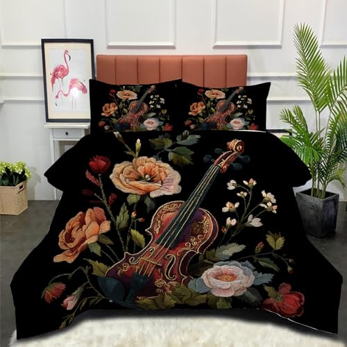Edredón Relleno Nórdico 4 Estaciones Cama 105 200x200cm - Edredón Violín Viejo Nórdico de Fibra Flores Retro Suave Transpirable para Invierno, Primavera y Otoño, Negro
