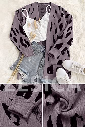 Zesica Women's 2023 Fall Winter Long Sleeves Open Front Leopard Print Knitted Sweater Cardigan Coat Outwear,Purple,Small #TOP2