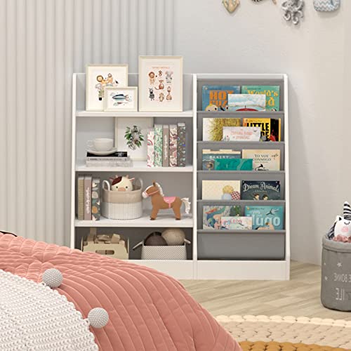 White 4 Tier Kids Wooden Bookshelf, Five Layer Sling Bookcase, Kids Storage Book Rack, Book And Toy Organizer Cabinet, Book Display, For Playroom, Bedroom, Study Living Room, Nursery,Classroom #TOP7