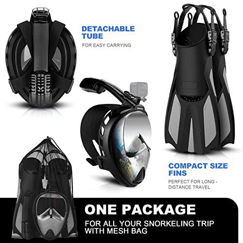 Odoland Snorkeling Packages, Diving Full Face Mask With Camera Mount, Adjustable Swim Fins, Mesh Bag, Anti-Fog Snorkel Set, Uv 400 Protection, Dive Mask Fins Set For Men Women Adult,Black Silver Xl #TOP7