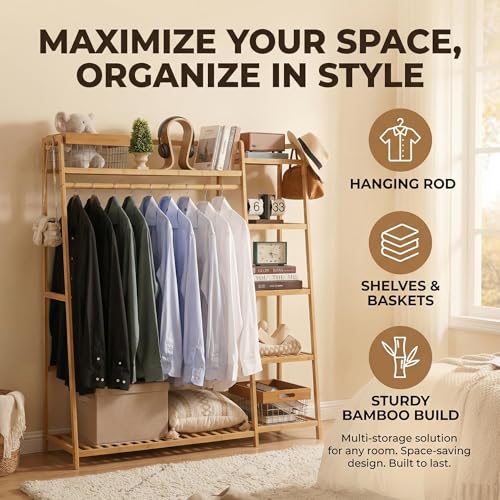 Bamboo Clothing Garment Rack 7 Tier Storage Shelf Coat Clothes Hanging Rack, Portable Wardrobe Closet Organizer With Top Shelf, Shoe Storage Shelves for Bedroom (Natural - 51.18 in) - Image 6