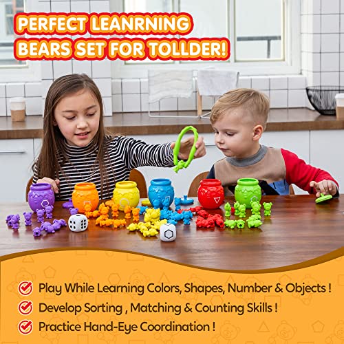 Joyin Play-Act Counting Sorting Bears Toy Set with Matching Sorting Cups Toddler Game for Pre-School Learning Color Recognition STEM Educational Toy-72 Bears, Fine Motor Tool, Dice and Activity Book