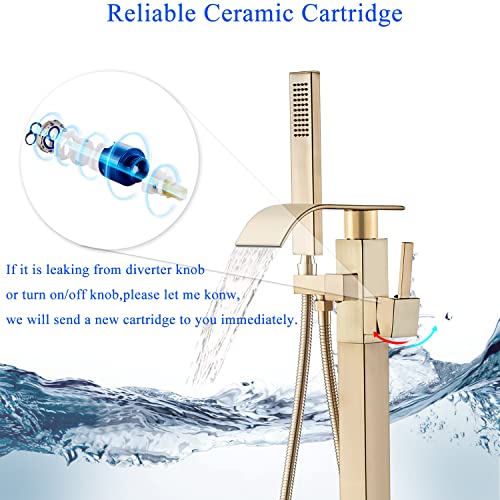 Senlesen Bathroom Tub Filler Faucet Floor Mounted Bathtub Shower Faucet Waterfall Spout Free Standing Tub Mixer Tap With Handheld Sprayer Gold Polished #TOP2