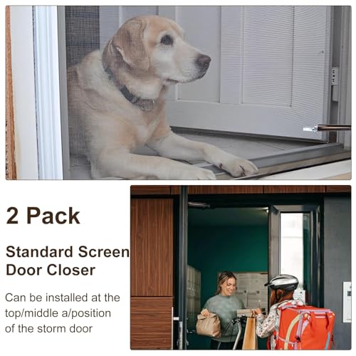 2 Sets Aluminum Screen Door Closer Heavy Duty Pneumatic Storm Door Closer Bracket Kit Compatible with Andersen/Emco/Larson Storm Door, Adjust Smooth Closing Speed (Brown)