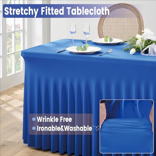 Image of Outpain 8ft Spandex Table Cloth for Standard Folding Tables-6Pack Royal Blue Table Cloth Table Protector for Party, Wedding, Cocktail, Banquet, Festival