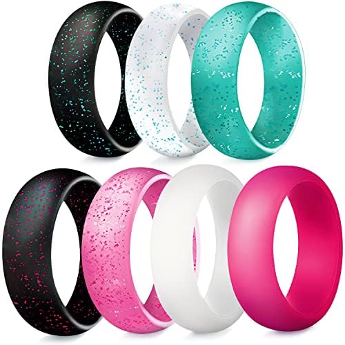 Truly Alpha Silicone Ring Women - Pack of 7 | Glitter Silicone Wedding Bands for Her | Flexible 4mm Rubber Rings Women Size 6