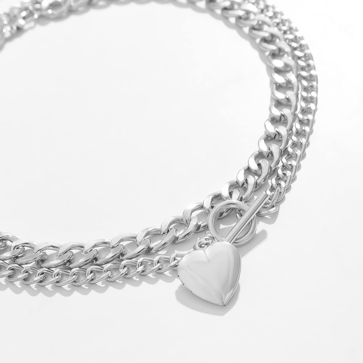 Chunky Chain Silver Necklace with Puff Heart Pendant Double Layer Toggle Clasp OT Chain Choker for Women Punk - Image 4