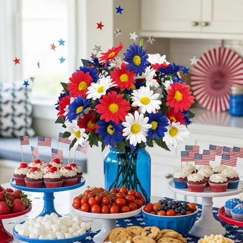 Image of 4 Bunches Memorial Day Flowers for Cemetery 15 inch Red White and Blue Artificial Flowers Faux Daisies Silk Flowers for 4th of July Table Decorations Indoor Outdoor