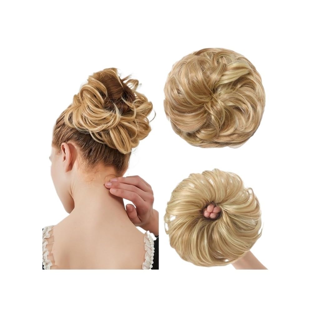 QRSTUVXZY Messy Bun Hair Piece Curly Synthetic Extensions Scrunchies Fake Chignon Updo Hairpieces for Women(Blonde Highlights)