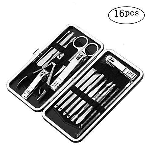 Manicure Pedicure Set Nail Clippers, 16Pcs Stainless Steel Professional Nail Scissors Grooming Kits,Cuticle Trimmer Tool Fingernail Toenail Clippers Travel Set with Leather Case