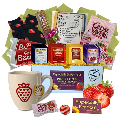 Tea Cookie and Honey Gift Set Sampler Basket with Candy Care Package Get Well Soon for Women Mom Best Friend Birthday Ideas After Surgery Thinking Of You Strawberry Themed Box