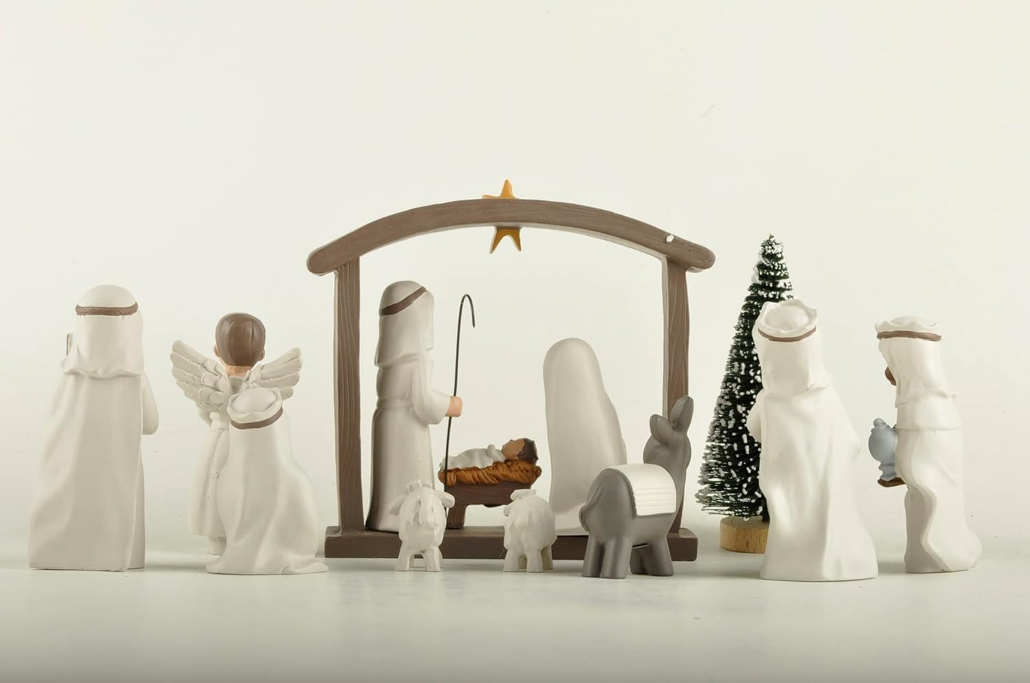 MeritMode Weihnachtskrippen-Set, 12-teilig Heilige Familie Figur handbemalt Mini Deko religiöse Weihnachtsfiguren Krippenfiguren Krippenfiguren inkl. Jesuskind, Maria und Josef, Kunstharz, cremeweiß