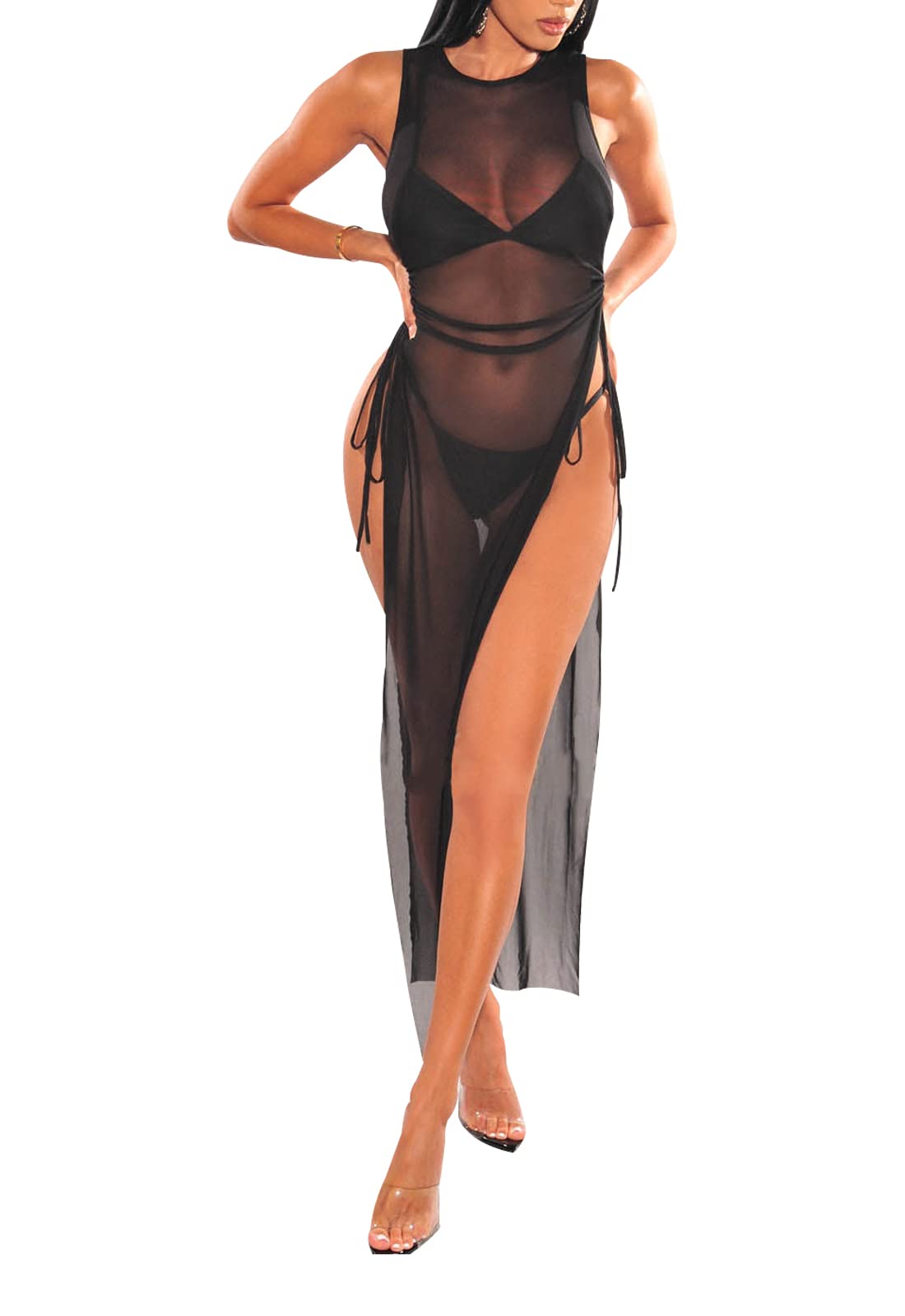 Women's Swimsuit Beach Bikini Cover up Sheer Mesh Dress Sexy See Through Mesh Tops Beachwear