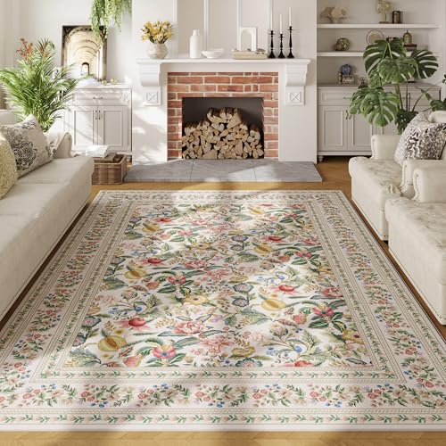 Vowkten Area Rugs 8x10 for Living Room Clearance Washable Vintage Floral Rug Non Slip Low Pile Large Rug for Bedroom, Farmhouse, Dining Room, Kids Playroom, Beige