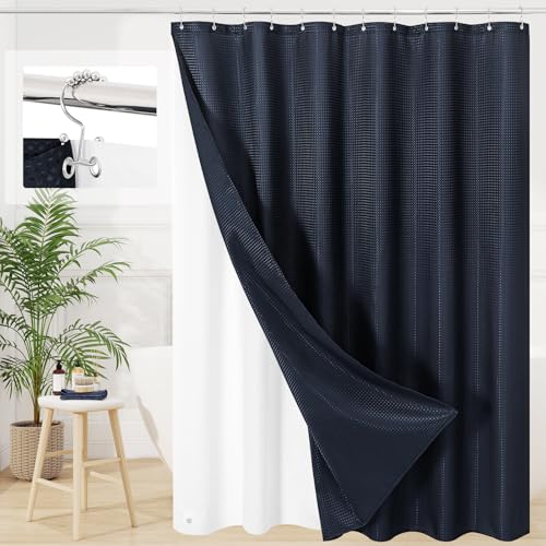 3 in 1 Navy Blue Shower Curtain Set with PEVA Liner & 12 Hooks, 72 x 78