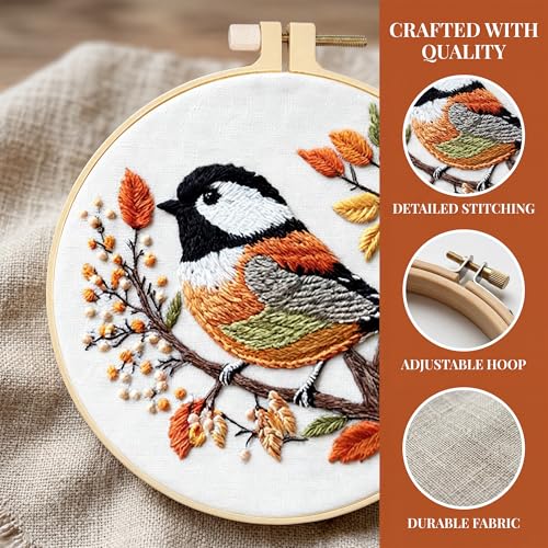 Image of Huacan Embroidery Kit for Beginners Adults Includes Stamped Bird Pattern, Hoop, Color Threads,Tools,Easy to Follow Instruction
