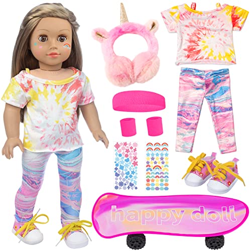 UNICORN ELEMENT 9 Pcs 18 inch Girl Doll Skateboard Set Outdoor Sport Clothes and Accessories - Clothes, Shoes, Skateboard, Earphone, Headband, Sports Wrists and Stickers(Random)
