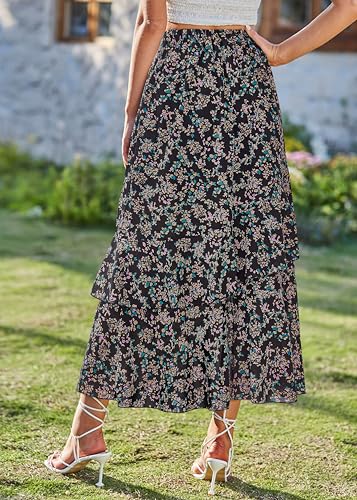 BTFBM Women 2026 Spring Summer Long Skirts Dress Boho Floral Elastic Waist Split Ruffle High Low Beach Maxi Skirt Clothes(Print Floral Black, Small)