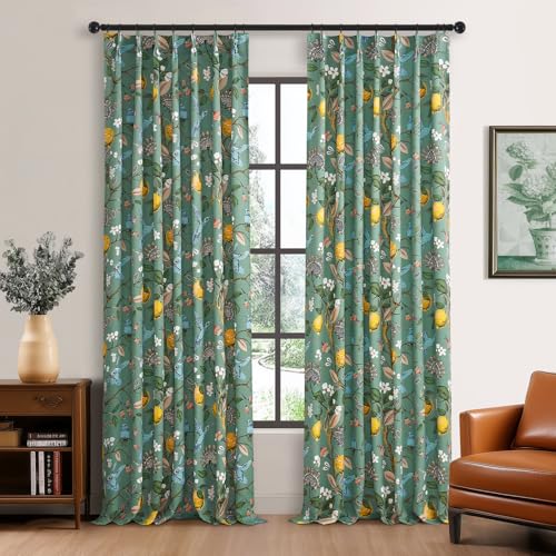Image of Vintage Boho Floral Pinch Pleated Curtains 84 Inches Long for Living Room,Sage Green Lemon Hummingbird Patterned French Country Drapes for Bedroom,Botanical Woodland Jungle Blackout Drapes,2 Panels