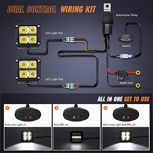 Image of Nilight 3.2 Inch Square LED Pod Lights with DRL 20W 2510LM 10 Degree Super Spot Beam 16AWG Wiring Harness Kit for Auxiliary Offroad Driving Ditch Lamps for Truck UTV ATV SUV 4x4