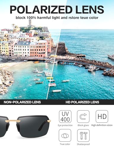 Image of BIRCEN Mens Polarized Sunglasses for Driving: Rimless UV Protection Sun Glasses with Al-Mg Frame for Fishing Traveling Golf