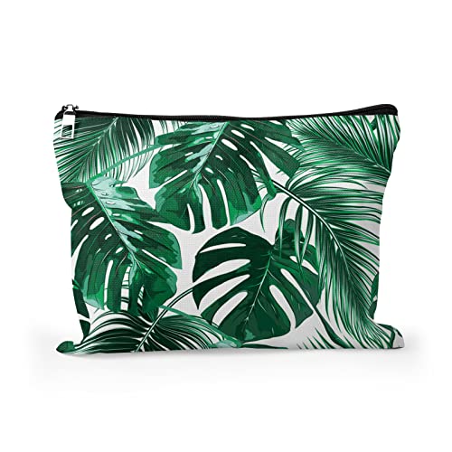 Cafl Hawaiian Palm Leaf Makeup Bag Tropical Palm Trees Cosmetic Bag Zipper Pouch Large Toiltry Bag Travel Linen Make Up Organizer Purse for Women 10×8Inch