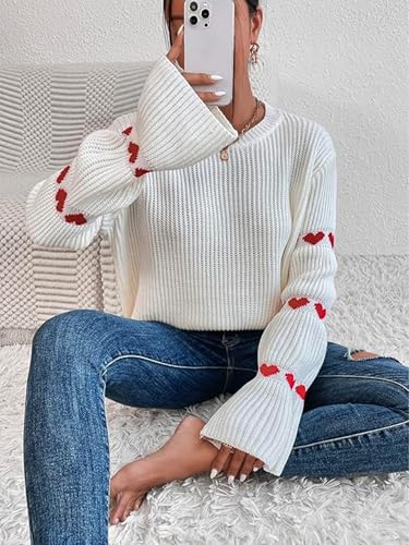 Image of Women's Casual Heart Cute Sweater Round Neck Drop Shoulder Long Sleeve Knitted Pullover Sweater Top
