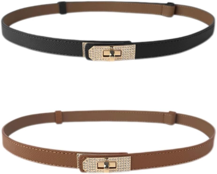 B-LT1 Women Thin Waist Belt for Dresses, Jeans, Coats, Sweater, Pants. Skinny Leather Belt with Adjustable Solid Color Alloy Turn-Lock Gold Buckle Inlaid Rhinestone Sparkle.