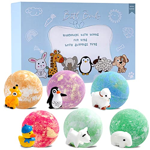 habibee 6 Pcs Bath Bombs with Surprise Animal Toys Inside 3.5oz Bubble Bath Bomb for Kids Plant Essential Oil and Sea Salt to Moisturize Dry Skin, Relaxing Perfect Spa Gift Set for Girls and Boys