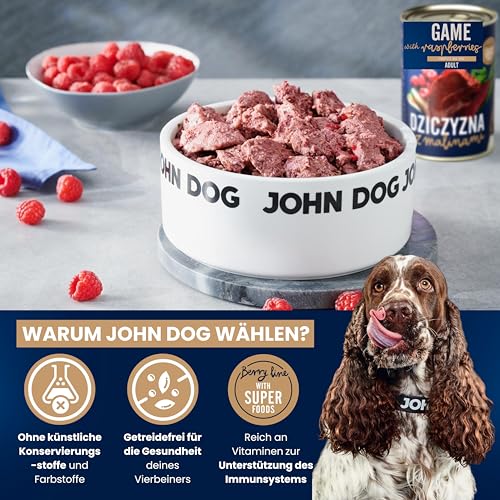 John Dog Hundefutter für Hunde Berry Line Wildschwein mit Himbeeren - Getreidefrei Hundenassfutter mit Superfoods und 96% Fleisch & Innereien - Nassfutter für Erwachsene Hunde 6 x 400g