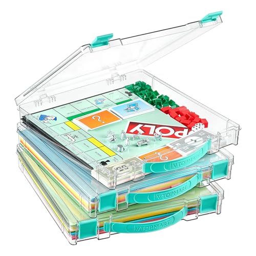 Vtopmart 3 Pack Board Game Storage with Handle and Snap-Tight Latch Lid, Craft Organizer Box Fit 12' x 12' Papers, Stackable Clear Storage Box for Art...