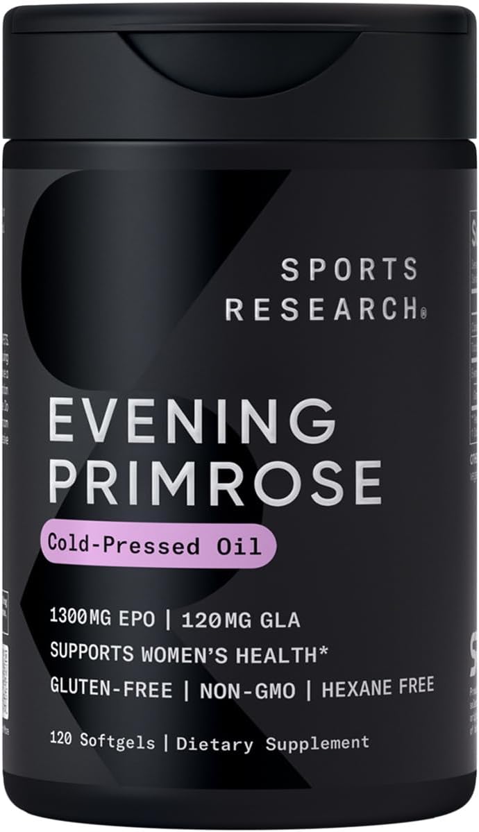 Sports Research Evening Primrose Oil 1300 mg Non - GMO Gluten - free Cold - Pressed with No Fillers or Artificial Ingredients (120 Liquid Softgels)