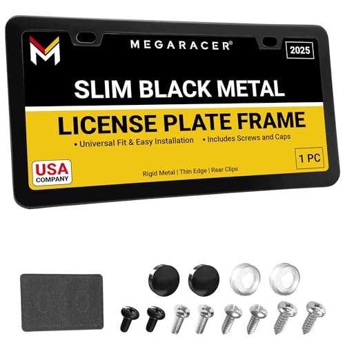 Image of Premium Slim Matte Black License Plate Frame - 1 Piece, Rust-Free Stainless Steel & Rattle-Free, Street Legal, Universal with Screw Caps, Thin Edged Metal Front or Rear Car Tag Holder for Men & Women