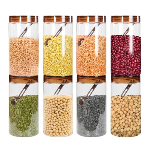 Image of PEARLPET Plastic Containers for Kitchen Storage | Plastic Container Set with Spoon | BPA-Free, Stackable Jars | Brown, 1400ml (Set of 8)