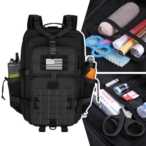 Hannibal Tactical 45L MOLLE Assault Backpack, Tactical Backpack Military Army Camping Rucksack with Bottle Holder, 3-Day Pack Trip w/USA Flag Patch, D-Rings, Black - Thumbnail 6