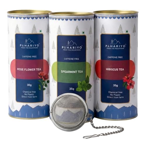 Image of PAHARIYO Rose 30G, Spearmint 35G, Hibiscus 35G, Stainless Steel Tea Ball Infuser 4 In 1 Combo Pack | Immunity Booster | Reduce Anxiety | Flower And Dried Leaf Based Herbal | Pack Of 4