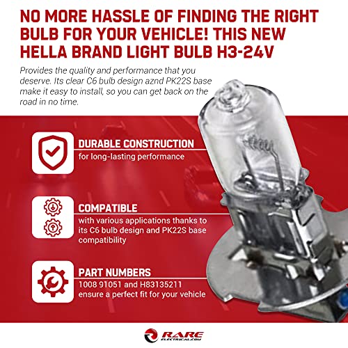 New Hella Brand Light Bulb H3-24V 24 Volt 70W Halogen Clear C6 Bulb Pk22S Base Compatible With Various Applications By Part Numbers 1008 91051 H83135211 #TOP1