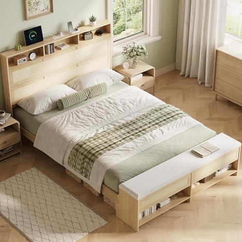 VINGLI King Size Bed Frame with Storage Headboard and Charging Station, Rattan Platform Bed, Large Wood Bed with Shelves and Footboard Cabinet, No Box Spring Needed, Modern Bedroom Furniture