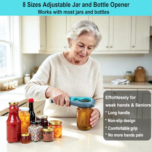 Image of Jar Opener for Weak Hands, 5 in 1 Bottle Opener for Seniors with arthritis | Multifunctional Adjustable Lid Opener with Non-Slip Rubber Gripper Pad - Effortlessly Opens Jars, Bottles & Pop-Top Cans