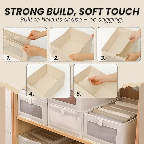 Image of OCEANEVO Set of 4 Linen Wardrobe Organizer for Storage WITH Luggage Tag, Foldable Cupboard Organizer for Clothes, Closet Organiser Basket with Clear Window - 40 x 27 x 17 Cm - Beige
